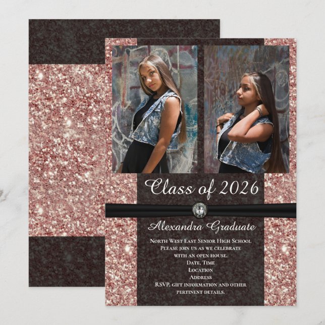 Rose Gold Glitzer Foto Class of 2025 Abschluss Einladung (Vorne/Hinten)