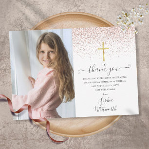Rose Gold Glitzer Foto Erste Heilige Kommune Dankeskarte