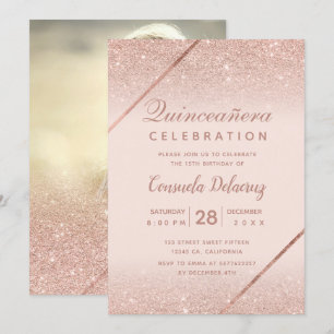 Rose Gold Glitzer Foto Rosa Quinceanera Einladung