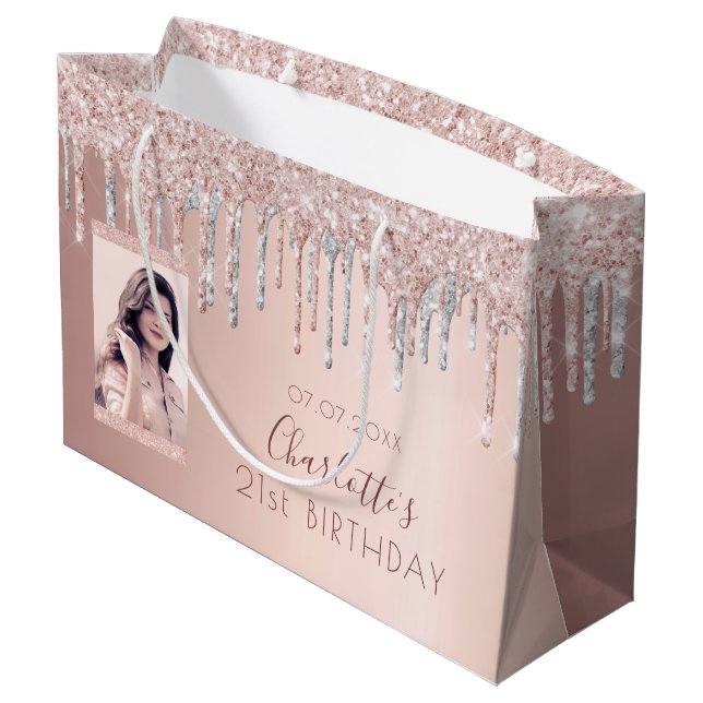 Rose Gold Glitzer Foto Rosa Silbername Große Geschenktüte (Rückseite Schrägansicht)