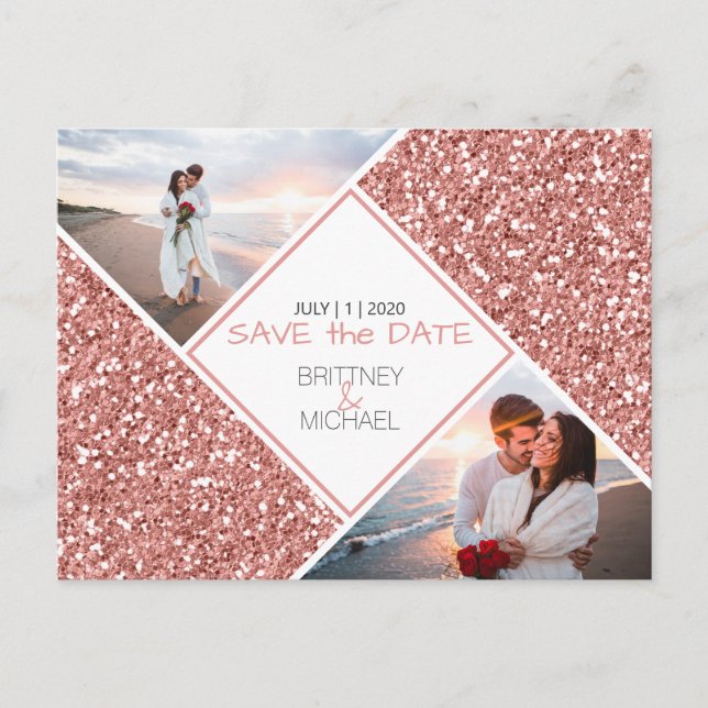 Rose Gold Glitzer Foto Save the Date Postkarte (Vorderseite)