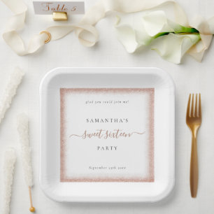Rose Gold Glitzer Frame Name Datum Weiß Süß 16 Pappteller