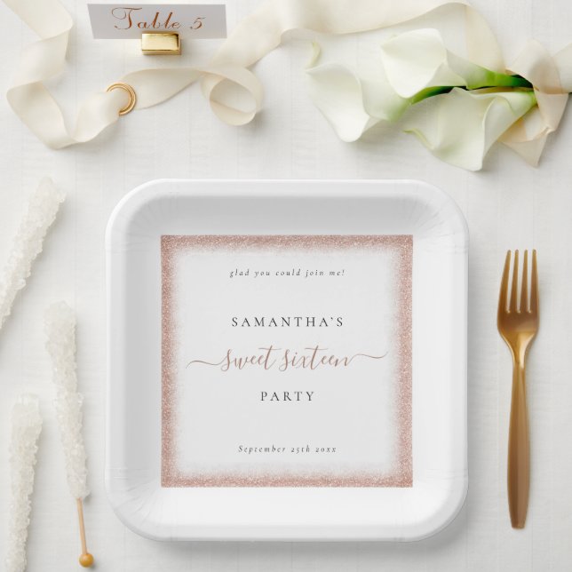 Rose Gold Glitzer Frame Name Datum Weiß Süß 16 Pappteller (Hochzeit)