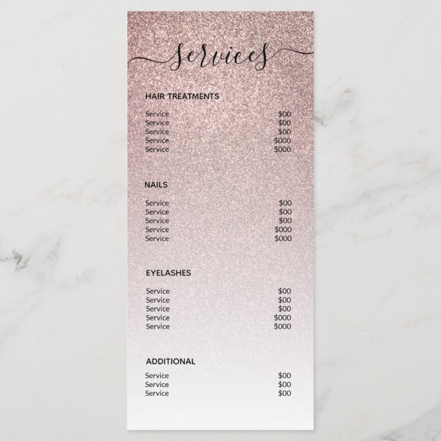 Rose Gold Glitzer Friseur Salon Makeup Artist Serv Menükarte (Rückseite)