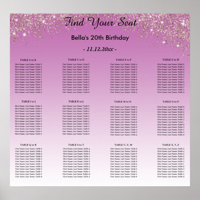 Rose Gold Glitzer Geburtstag Alphabetischer Sitzpl Poster (Vorne)