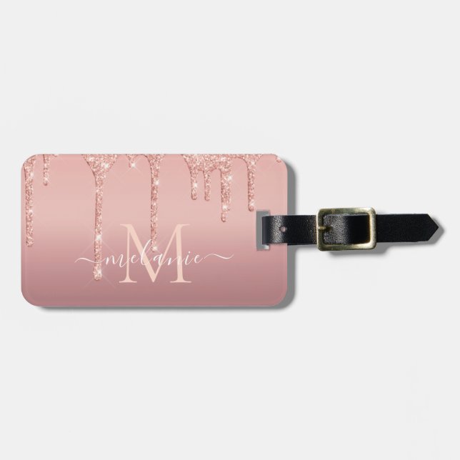 Rose Gold Glitzer Gepäckanhänger Individuelle Name (Vorderseite horizontal)