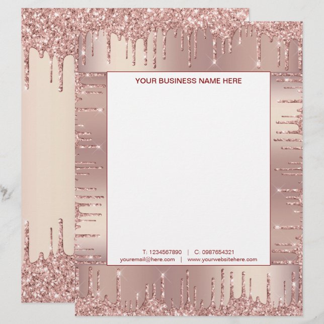 Rose Gold Glitzer Geschäftsbriefvorlage Briefbogen (Vorne/Hinten)
