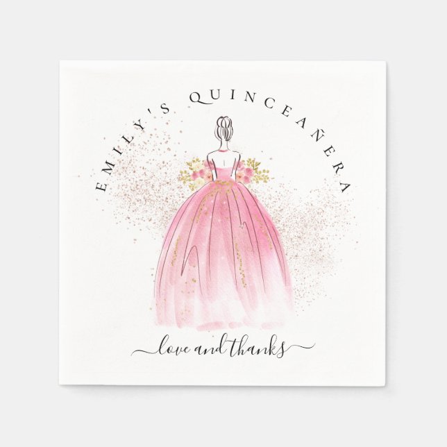 Rose Gold Glitzer Girl Gown Quinceañera Serviette (Vorderseite)
