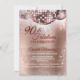 Rose Gold Glitzer Glam 90. Geburtstag Disco Ball Einladung
