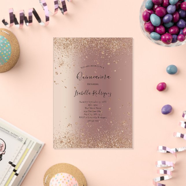 Rose Gold Glitzer Glam Bling Quinceanera Geburtsta Acryleinladungen (Insitu (Feier))