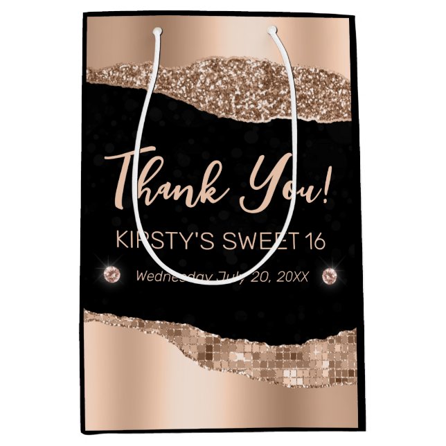 Rose Gold Glitzer Glam Edge & Diamonds Sweet 16 Mittlere Geschenktüte (Vorderseite)