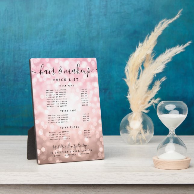 Rose Gold Glitzer Glam Lights Salon Preismenü Fotoplatte (Seite)