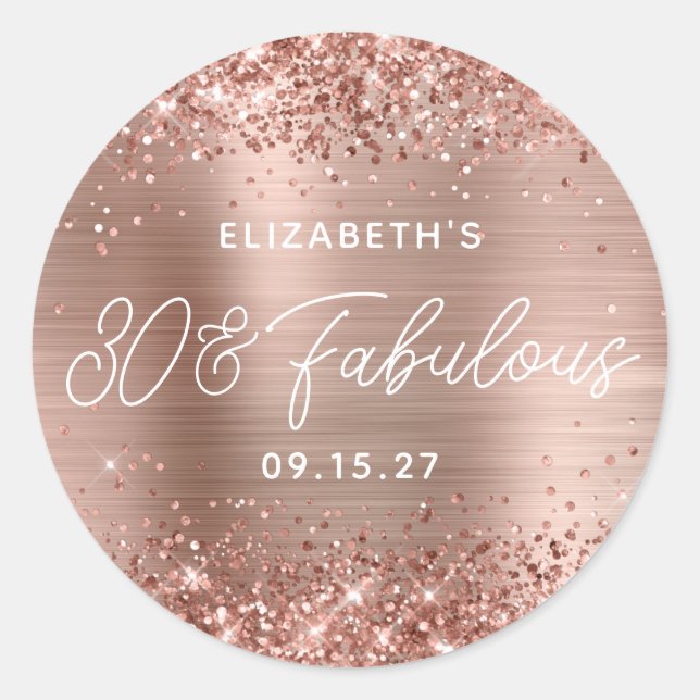 Rose Gold Glitzer Glam Modernes Drehbuch 30 & Fabu Runder Aufkleber (Vorderseite)