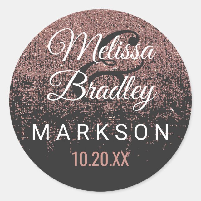 Rose Gold Glitzer Glitzern Black Wedding Stickers (Vorderseite)
