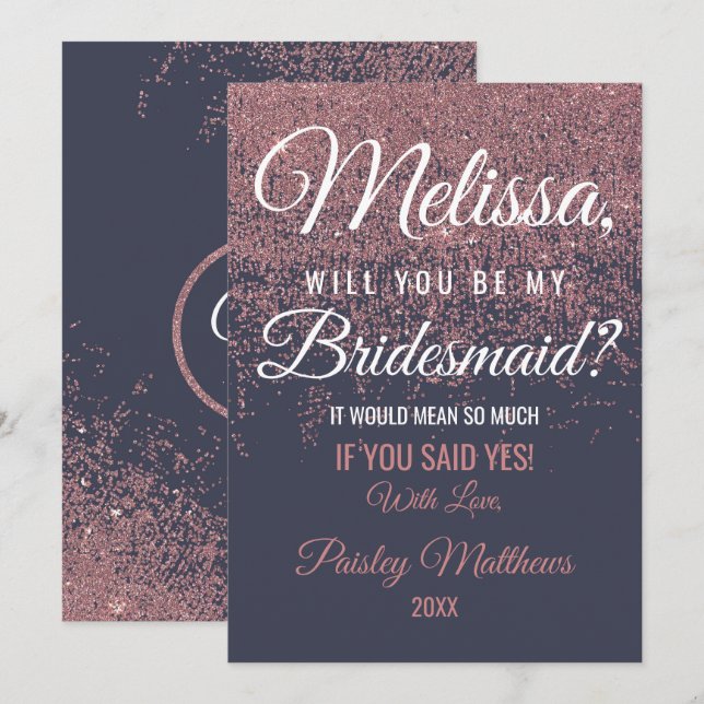 Rose Gold Glitzer Glitzern Navy Blue Bridesmaid Einladung (Vorne/Hinten)