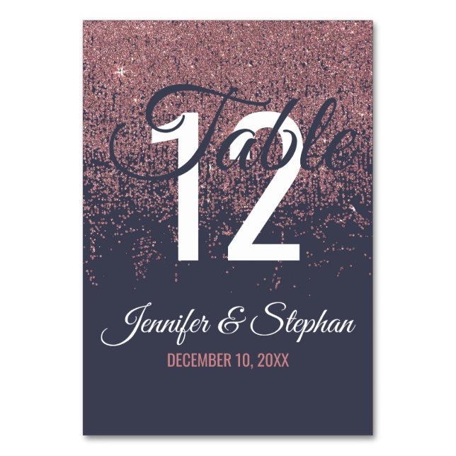 Rose Gold Glitzer Glitzern Navy Blue Tischnummern (Vorderseite)