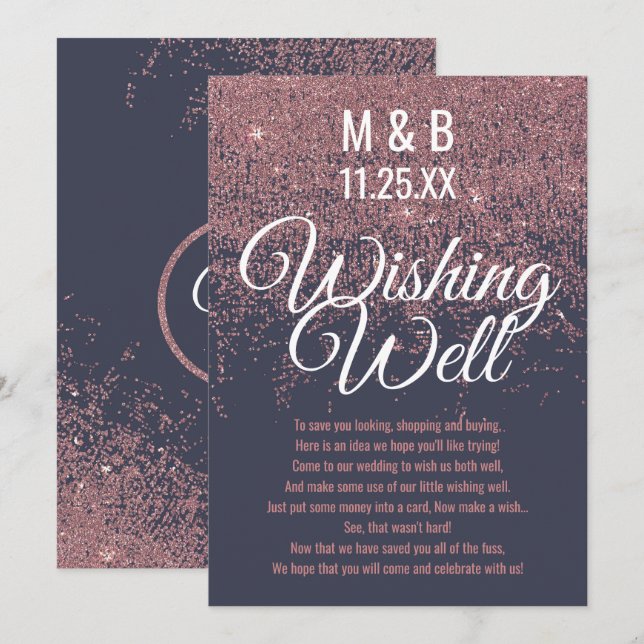 Rose Gold Glitzer Glitzern Navy Blue wünscht gut Einladung (Vorne/Hinten)