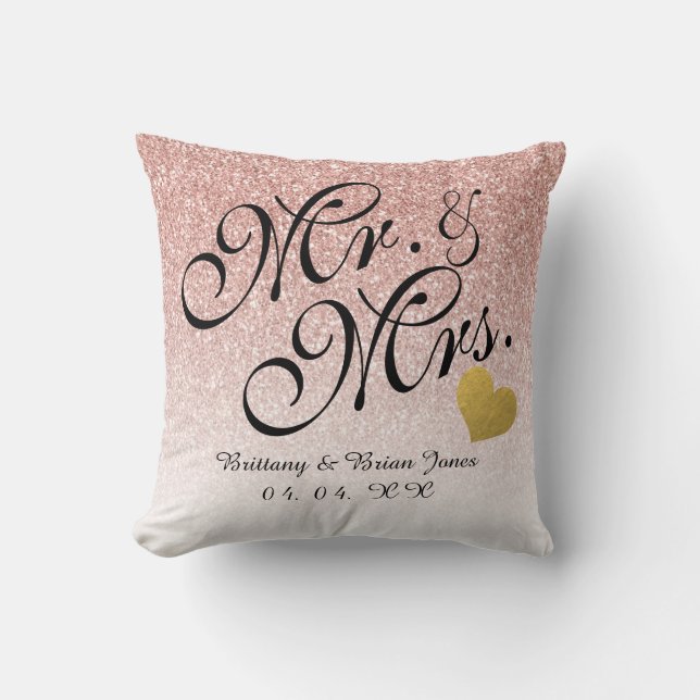 Rose Gold Glitzer Goldenes Herz Mr. und Mrs. Weddi Kissen (Vorderseite)