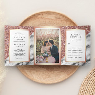 Rose Gold Glitzer Gray Marble Foto Hochzeit Dreifach Gefaltete Einladung