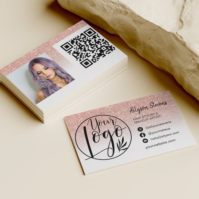 Rose Gold Glitzer Haarschminke Foto Logo qr Visitenkarte (Von Creator hochgeladen)