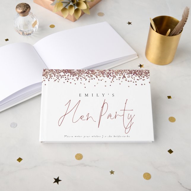 Rose Gold Glitzer Hen Party Gästebuch (Vorderseite Offen)