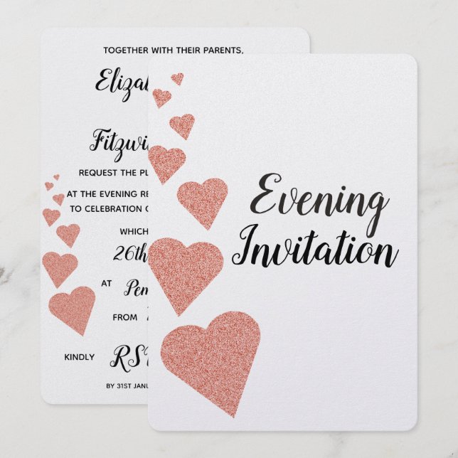 Rose Gold Glitzer Herz Abend Einladung (Vorne/Hinten)