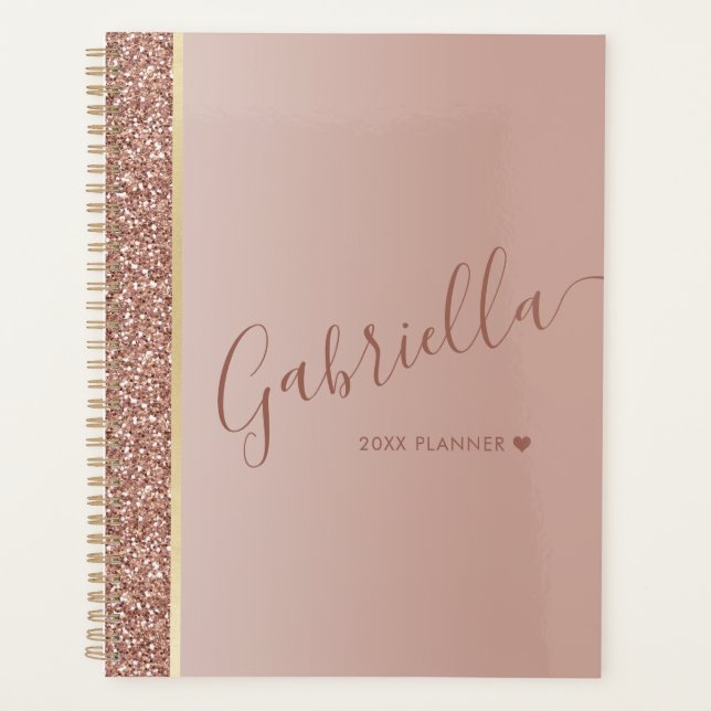 Rose Gold Glitzer Herz Personalisiert 2025 Planer (Vorderseite)