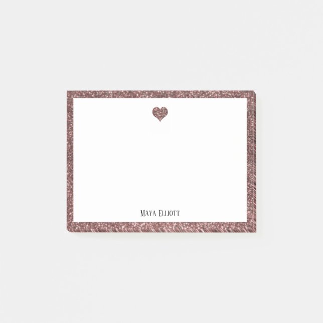 Rose Gold Glitzer Herz und Band mit Weiß Post-it Klebezettel (Vorderseite)