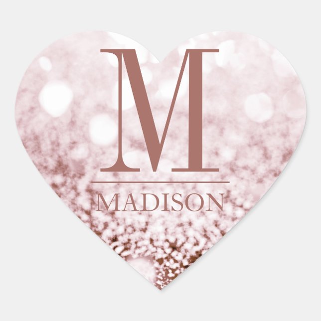 Rose Gold Glitzer Herzname Initialmonogramm Herz-Aufkleber (Vorderseite)