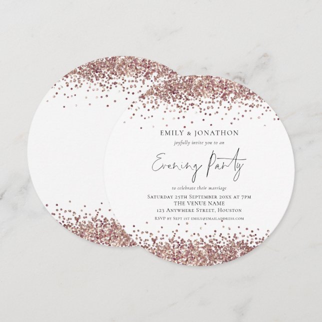 Rose Gold Glitzer Hochzeit Abend Party Runde Einladung (Vorne/Hinten)