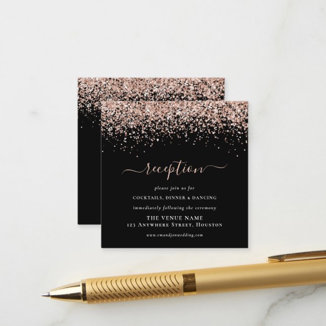 Rose Gold Glitzer Hochzeit Black Empfang Details Begleitkarte (Vorderseite/Rückseite Beispiel)
