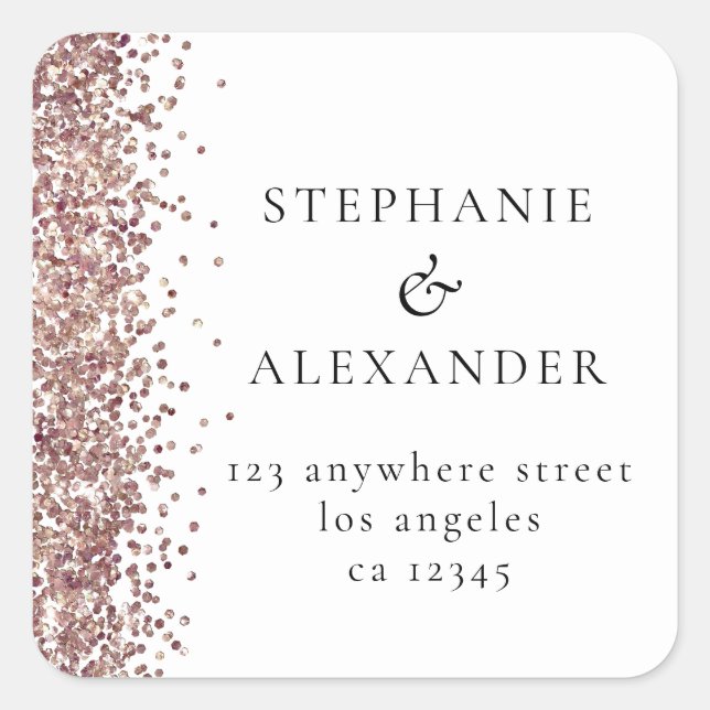 Rose Gold Glitzer Hochzeitrücksendeadresse Quadratischer Aufkleber (Vorderseite)