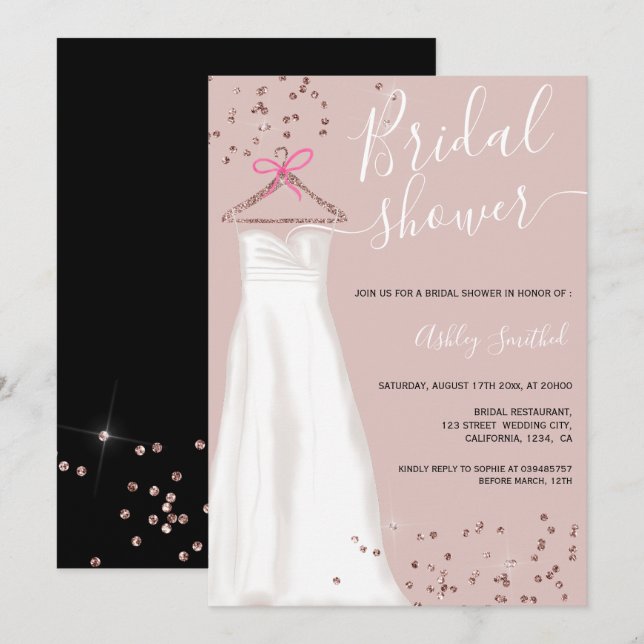 Rose Gold Glitzer Hochzeitskleid schicker Brautpar Einladung (Vorne/Hinten)