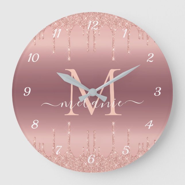 Rose Gold Glitzer Individuelle Name Letter Wall Cl Große Wanduhr (Vorderseite)
