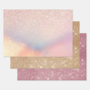 Rose Gold Glitzer Iridescent Holographic Gradient Geschenkpapier Set