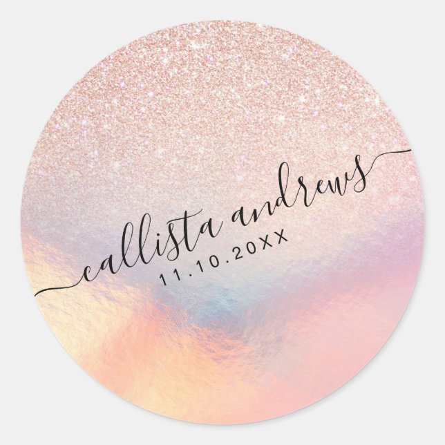 Rose Gold Glitzer Iridescent Holographic Gradient Runder Aufkleber (Vorderseite)