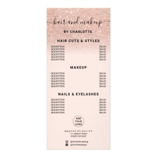 Rose Gold Glitzer Kalligrafie Haar Make-up Preis Werbekarte