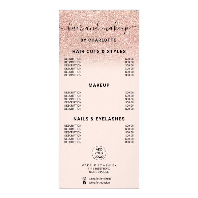 Rose Gold Glitzer Kalligrafie Haar Make-up Preis Werbekarte (Vorne)