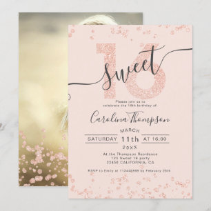Rose Gold Glitzer Konfetti blush Sweet 16 Foto Einladung