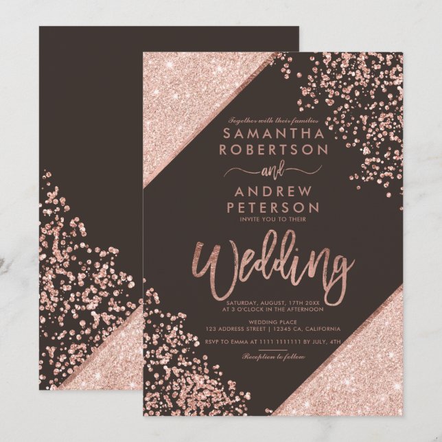 Rose Gold Glitzer Konfetti Braun Hochzeit Einladung (Vorne/Hinten)