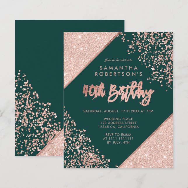 Rose Gold Glitzer Konfetti Green Budget 40. (Vorne/Hinten)