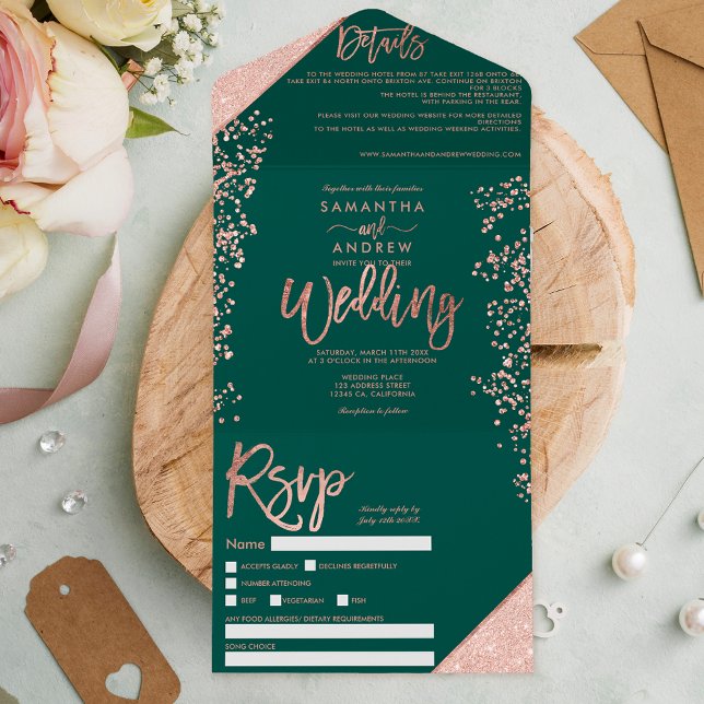 Rose Gold Glitzer Konfetti Grün Chic Hochzeit All In One Einladung (Von Creator hochgeladen)