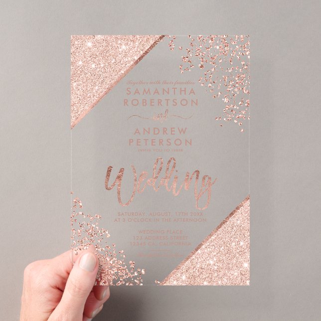 Rose Gold Glitzer Konfetti Kleine Hochzeit Acryleinladungen (Insitu (Handheld))