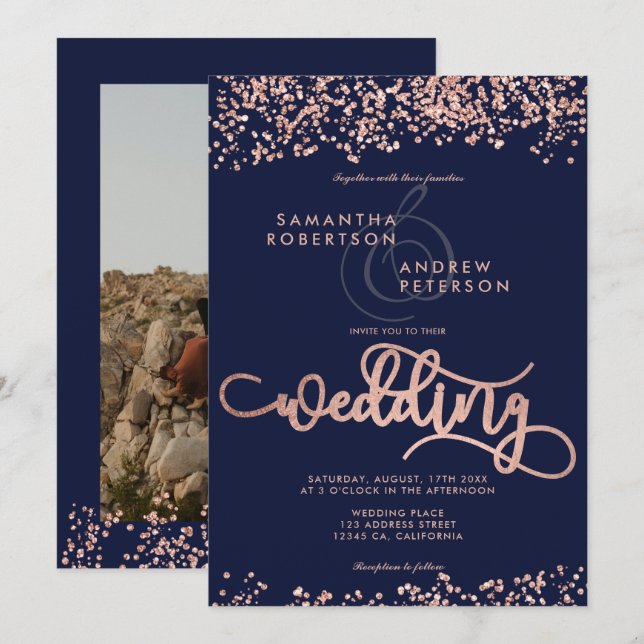 Rose Gold Glitzer Konfetti Marinebar Blau Hochzeit Einladung (Vorne/Hinten)