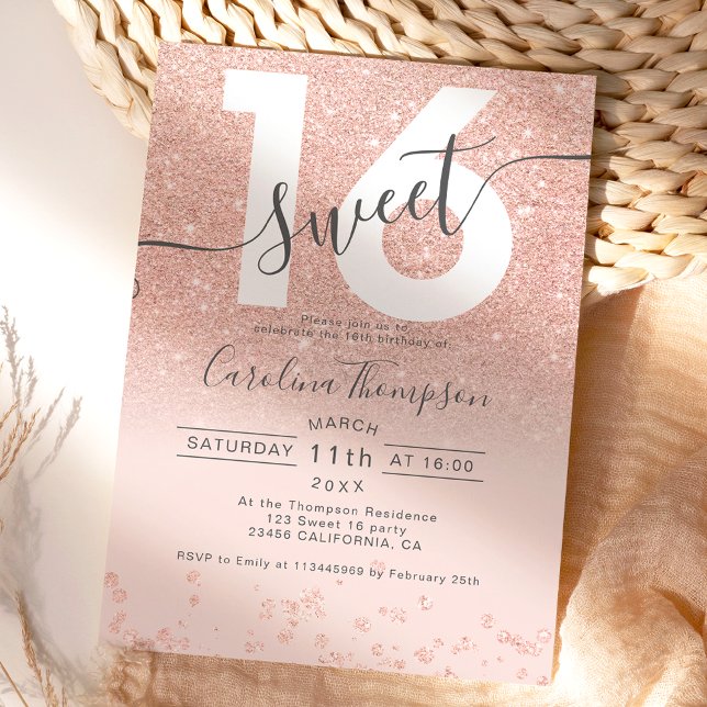 Rose Gold Glitzer Konfetti Rose Sweet 16 Foto Einladung (Von Creator hochgeladen)