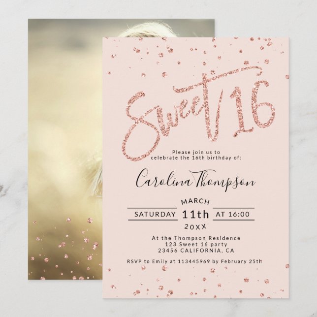 Rose Gold Glitzer Konfetti Rose Sweet 16 Foto Einladung (Vorne/Hinten)