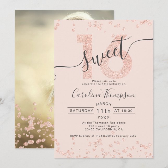 Rose Gold Glitzer Konfetti Rose Sweet 16 Foto Einladung (Vorne/Hinten)