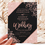 Rose Gold Glitzer Konfetti Schick Schwarze Hochzei Einladung<br><div class="desc">Rose Gold Glitzer Konfetti und Farbe Block Typografie auf anpassbaren Schwarz-und Imitat Rose goldene geometrische Streifen chic Hochzeit ,  ideal für elegante,  luxuriöse Hochzeit, </div>