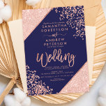 Rose Gold Glitzer Konfetti schicke Marine blaue Ho Einladung<br><div class="desc">Rose Gold Glitzer Konfetti und Farbe Block Typografie auf anpassbaren marineblau und Imitate Rose goldene geometrische Streifen schicke Hochzeit ,  ideal für elegante,  luxuriöse Hochzeit, </div>