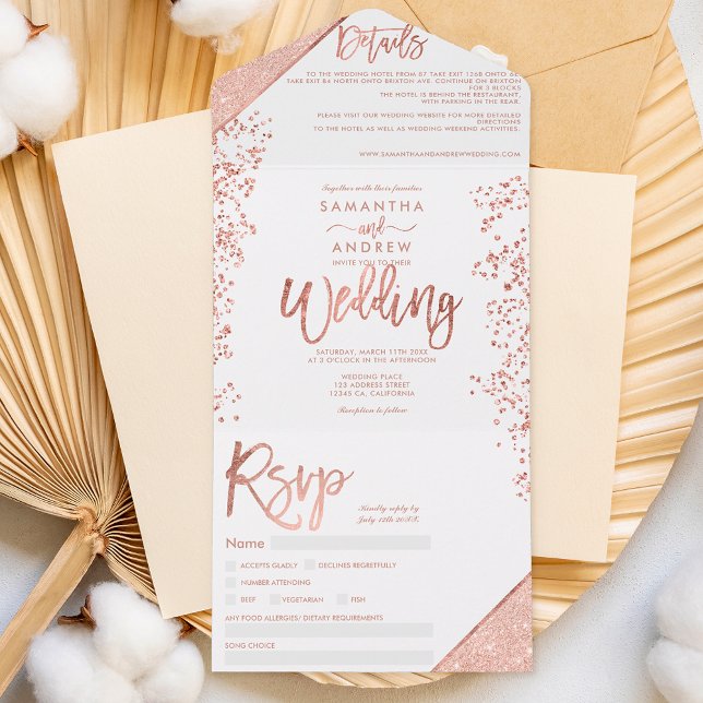 Rose Gold Glitzer Konfetti Weißer Chic Hochzeit All In One Einladung (Von Creator hochgeladen)